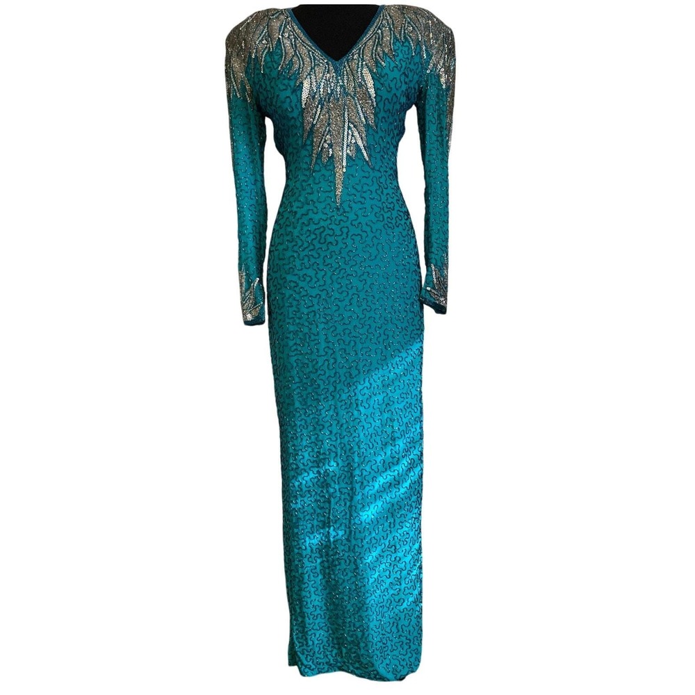 Vintage 80s Naeem Khan Riazee Nights Beaded sequined Teal‎ 100% Silk Gown size 6
